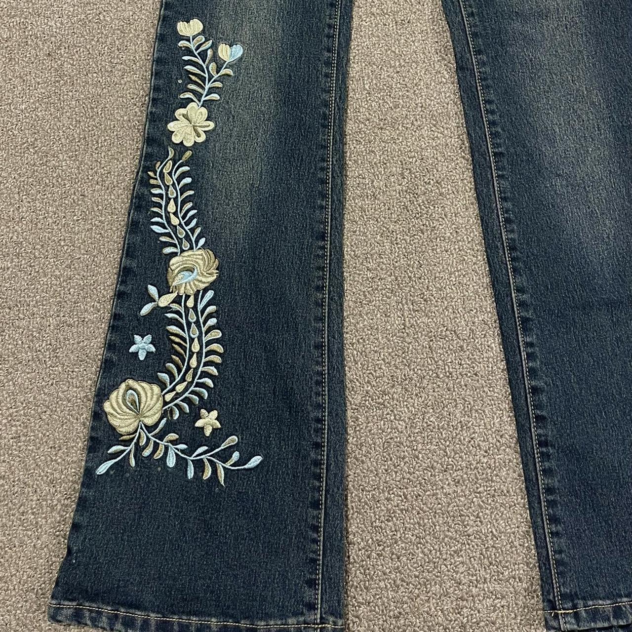 low rise floral embroidered flare jeans - size... - Depop