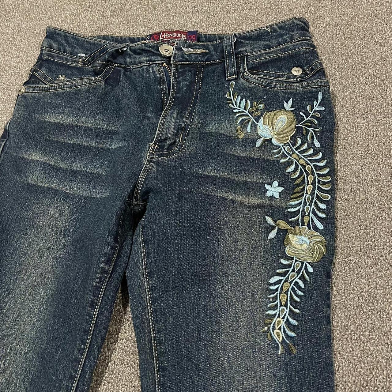 low rise floral embroidered flare jeans - size... - Depop