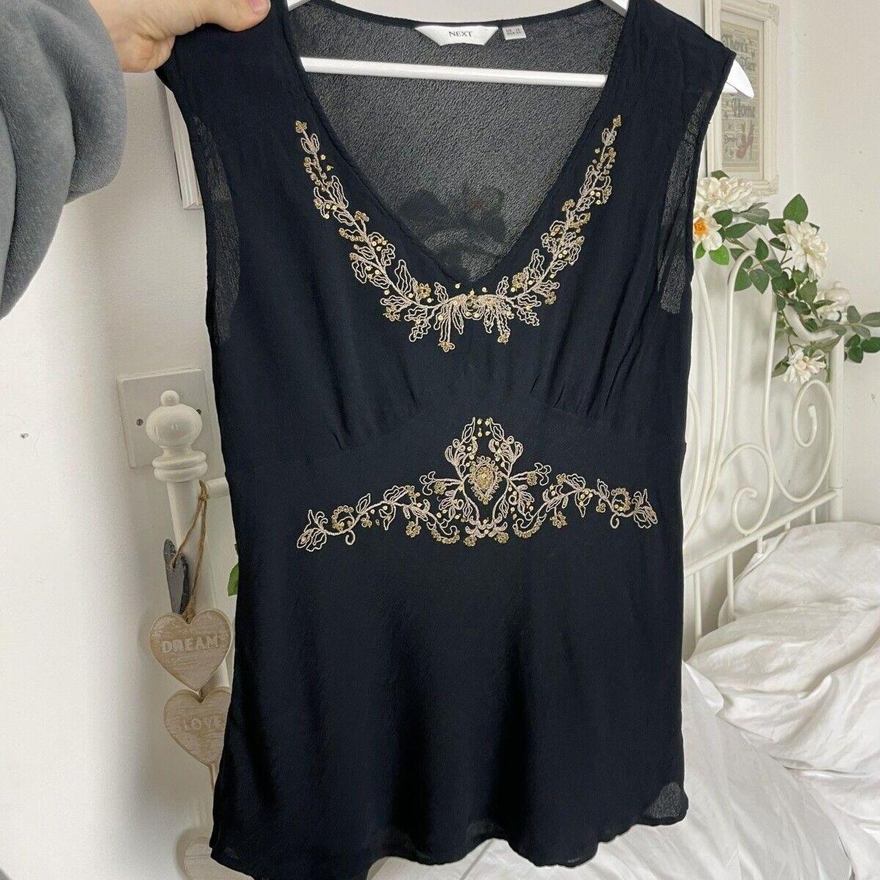 Vintage Y2K NEXT black top blouse Gold Embroidered... Depop