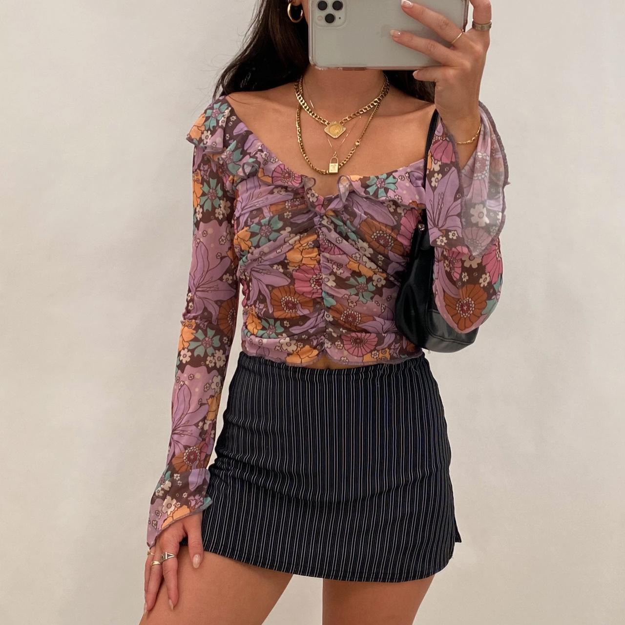 Urban Outfitters Purple Floral Long Sleeved Crop Top... - Depop