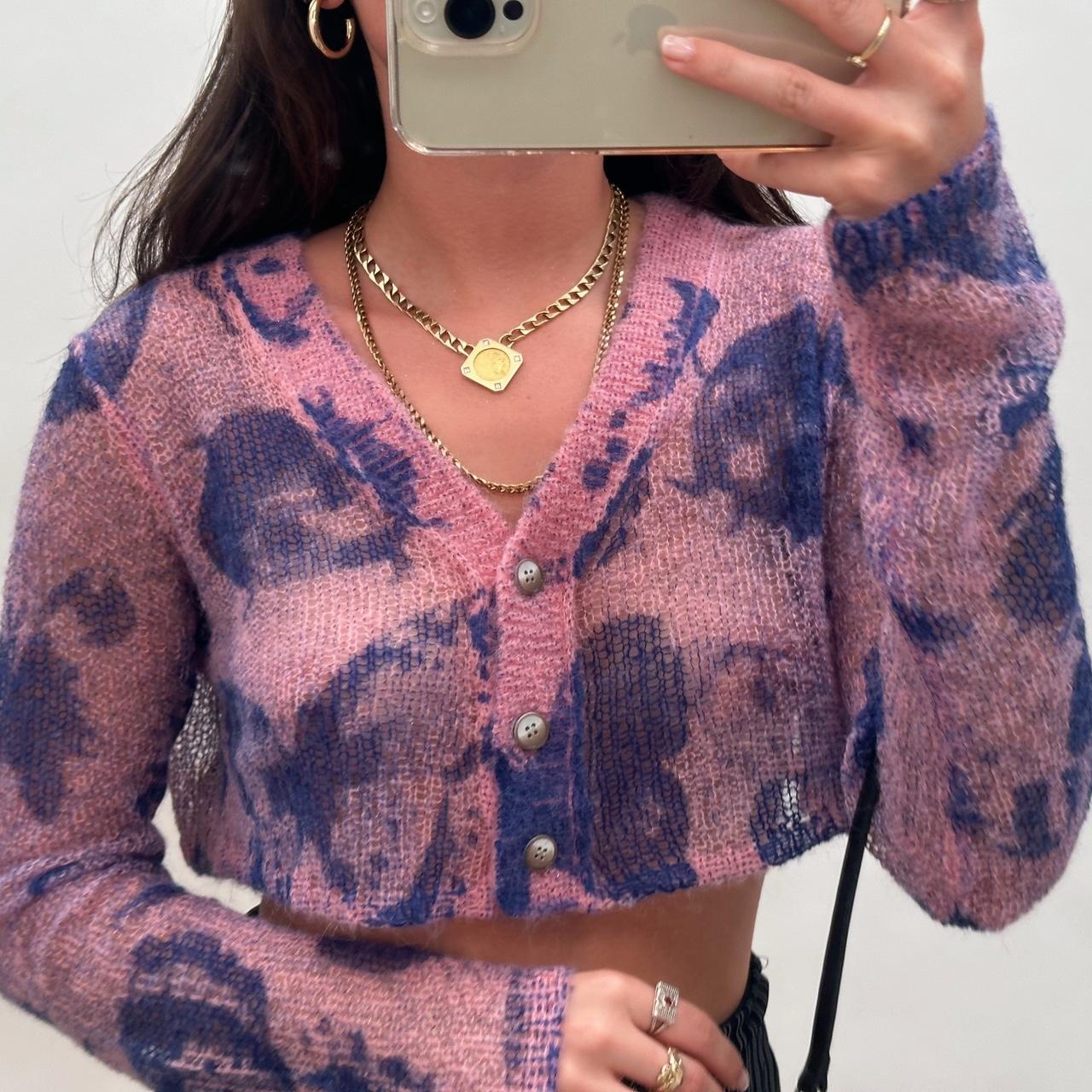 Urban Outfitters Women's Pink and Navy Cardigan Depop