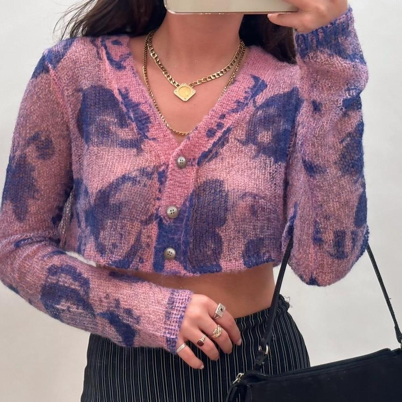 Urban Outfitters Women's Pink and Navy Cardigan Depop