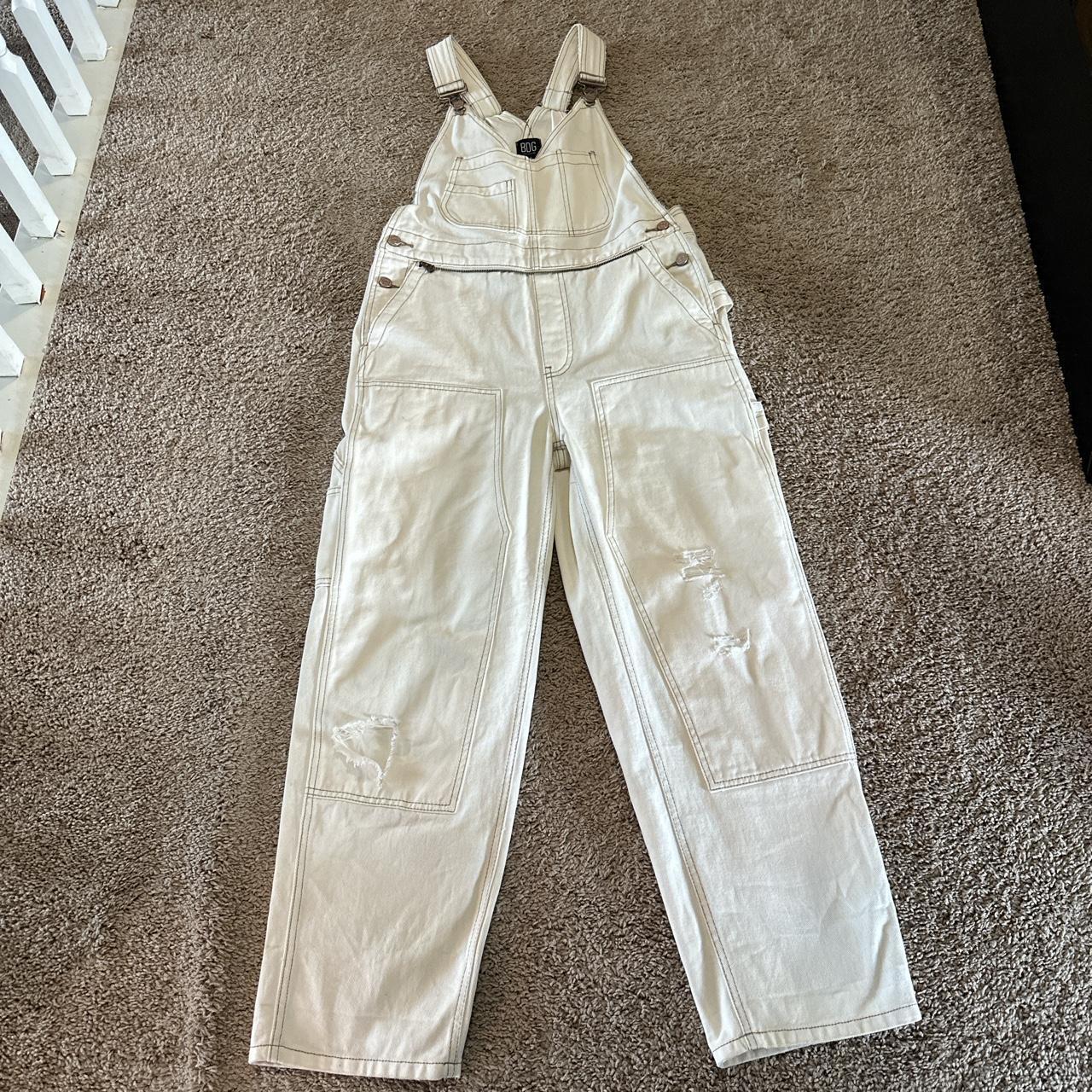 Cream overalls with brown stitching from urban... Depop