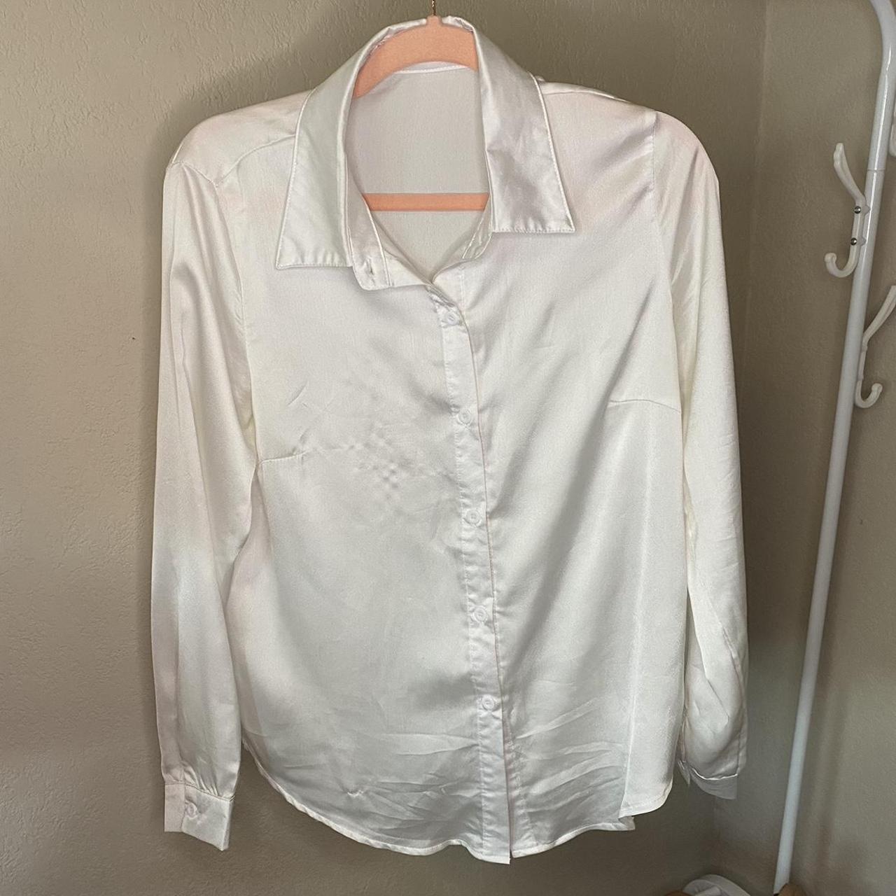 Shein white silk button down shirt, size L, US... - Depop