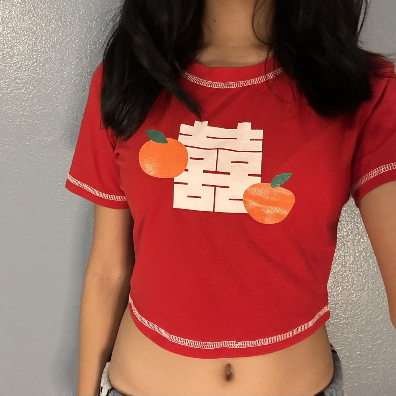 red baby tee with writing and oranges🍊 only worn it... - Depop