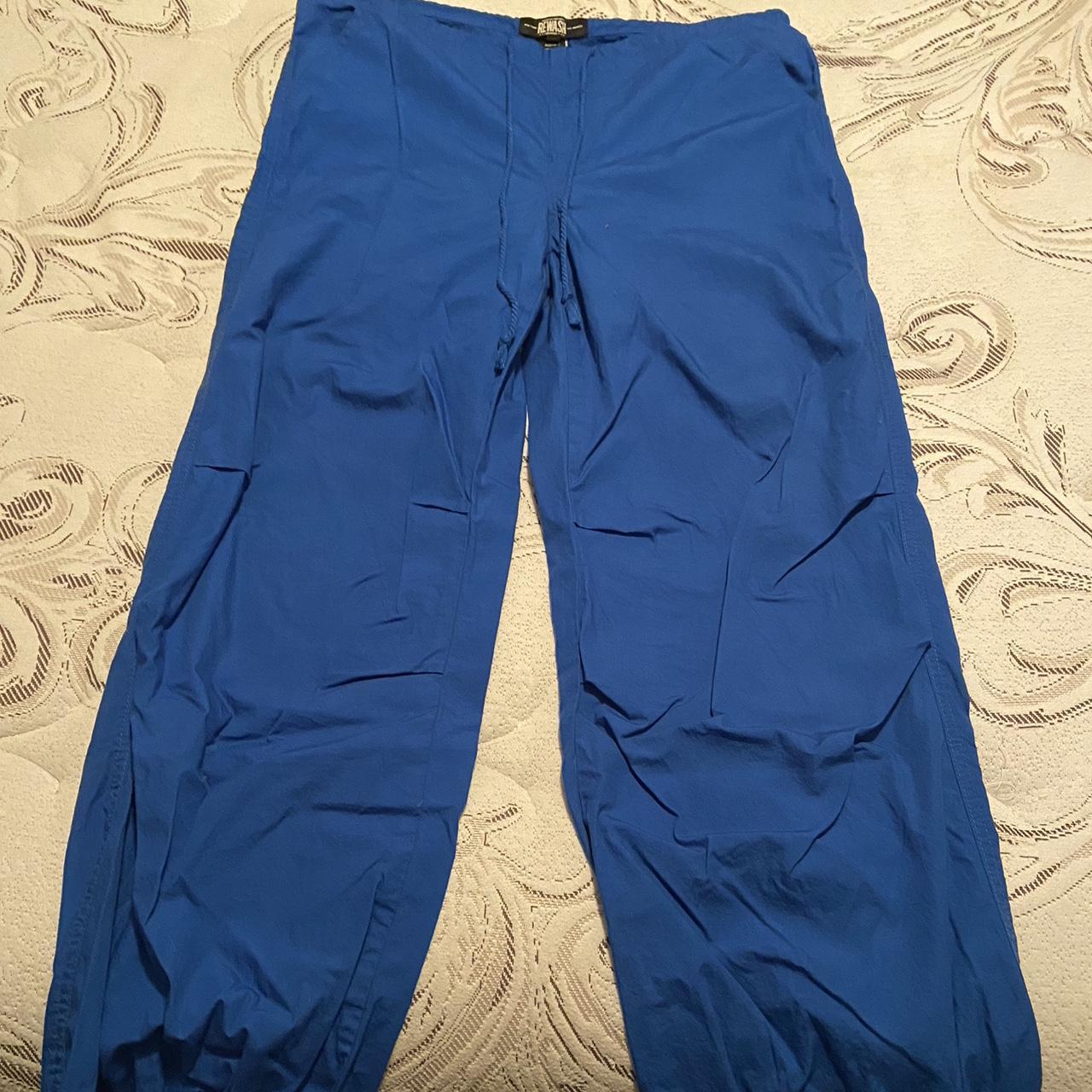 Blue parachute pants with adjustable waist, tie, and... - Depop