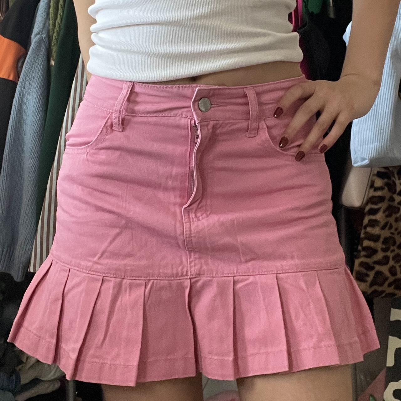 Pink denim schoolgirl skirt never worn, Fits... - Depop