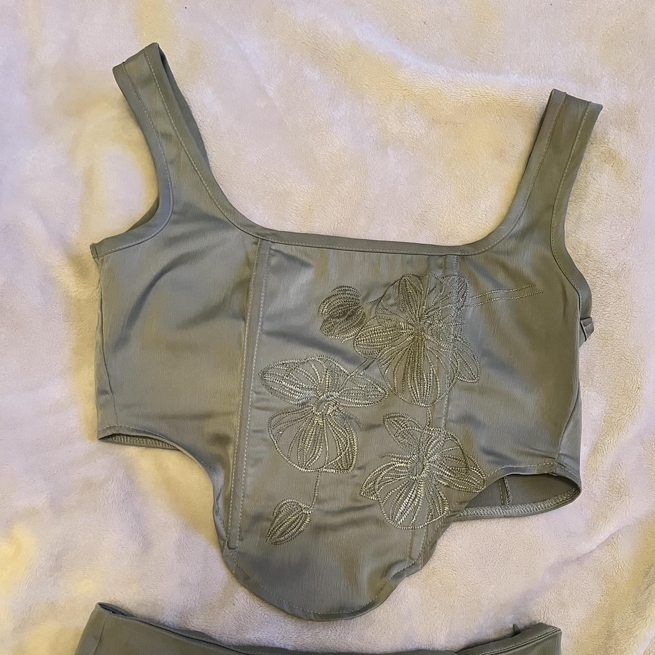 Sage Green Satin Floral Embroidered Corset