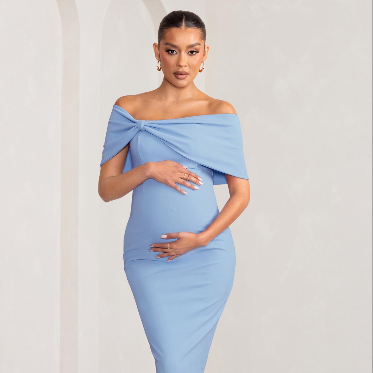 Alyssa | Powder Blue Bardot Bow Maternity Midi Dress... - Depop