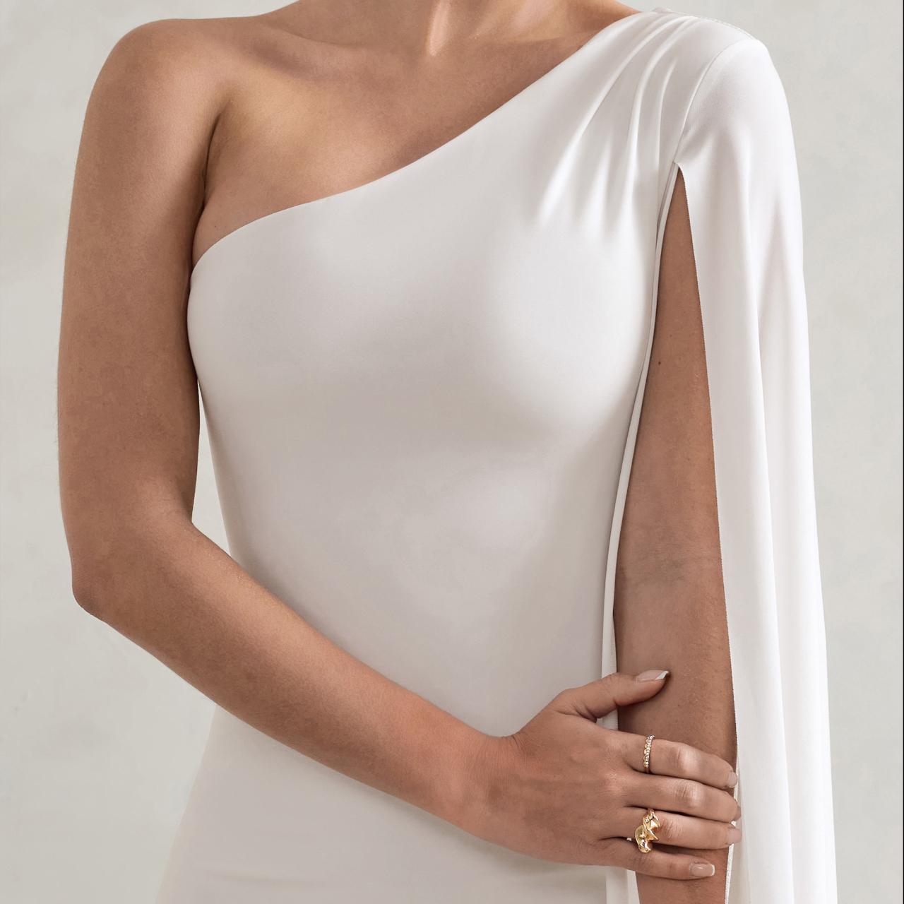 Dominique  White One Shoulder Cape Sleeve Bodycon - Depop