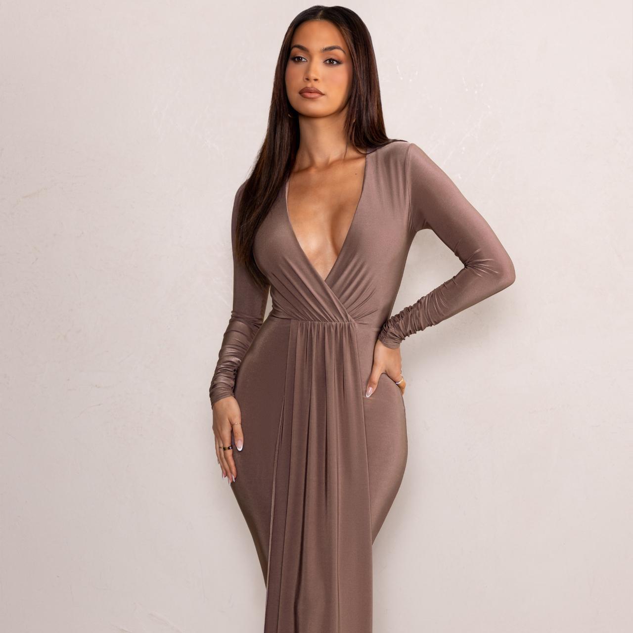 Kyle Mocha Long Sleeve Plunge Maxi Dress,