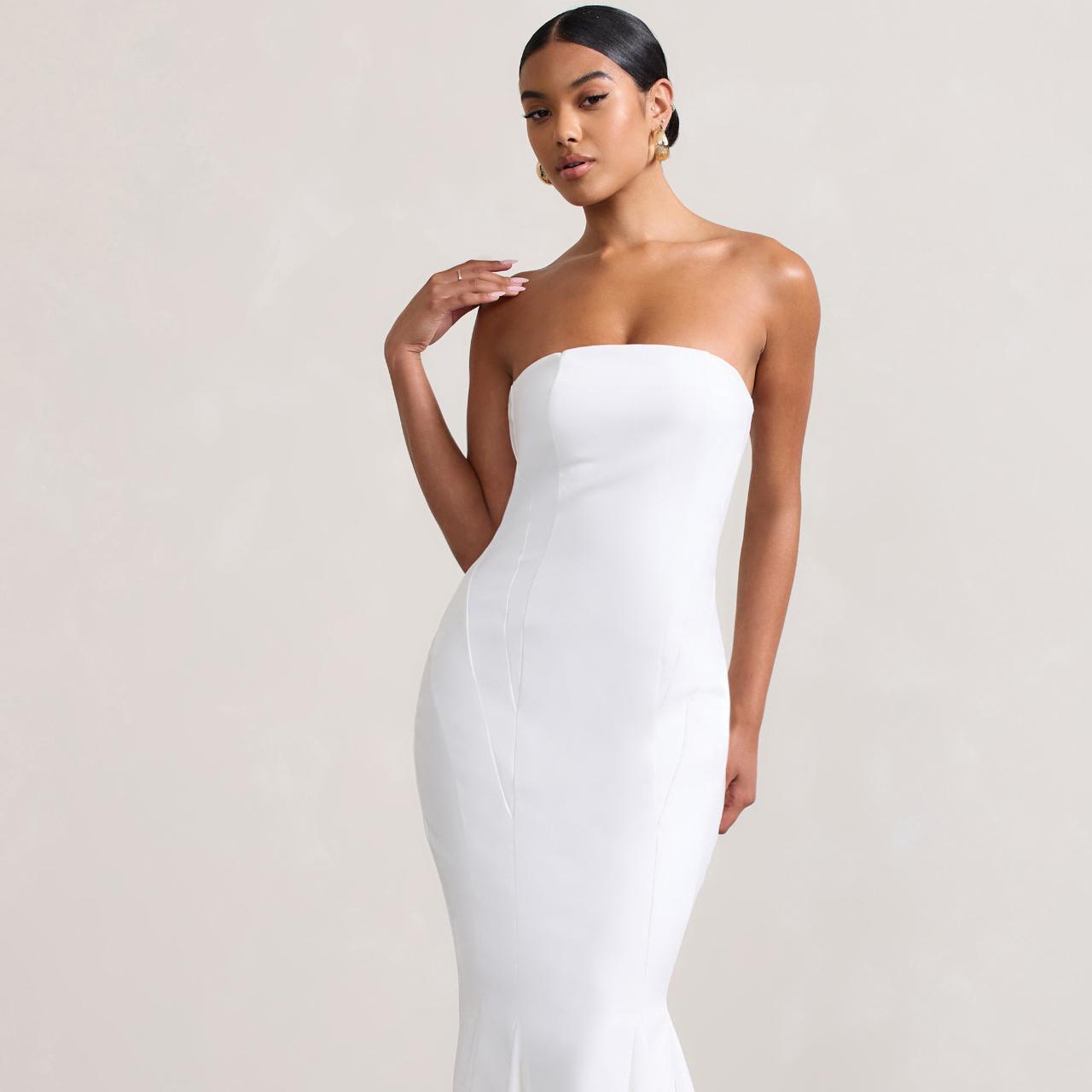 Adored White Strapless Structured Fishtail Maxi Dress – Club L