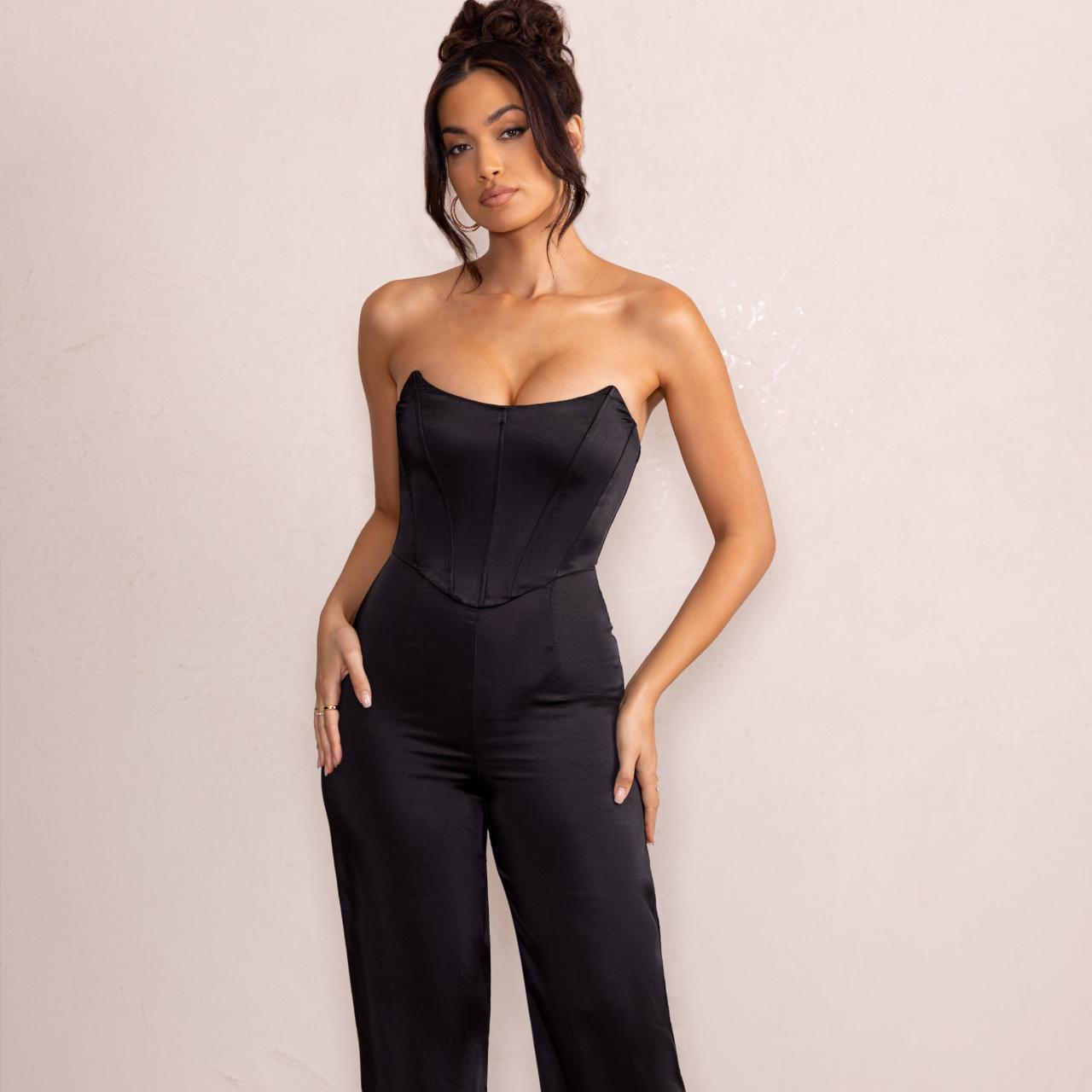 Sophia Petite Black Satin Bandeau Corset Wide Leg Jumpsuit – Club