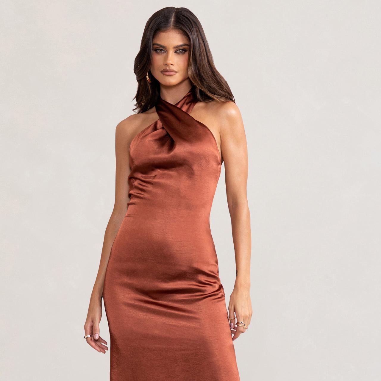 Dazzling Rust Satin Cross Over Halter Neck