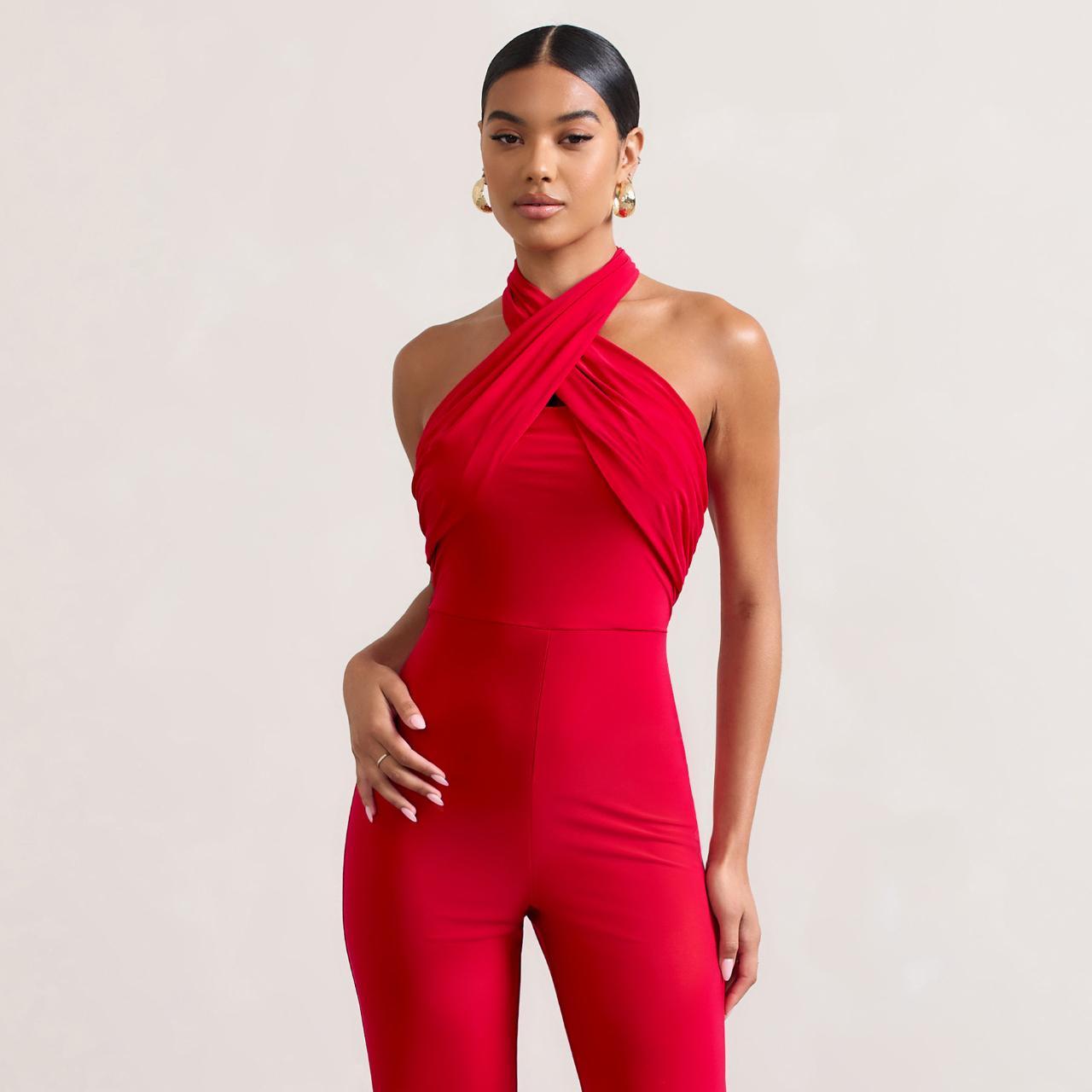 Goddess Red Halter Neck Flare Jumpsuit RRP