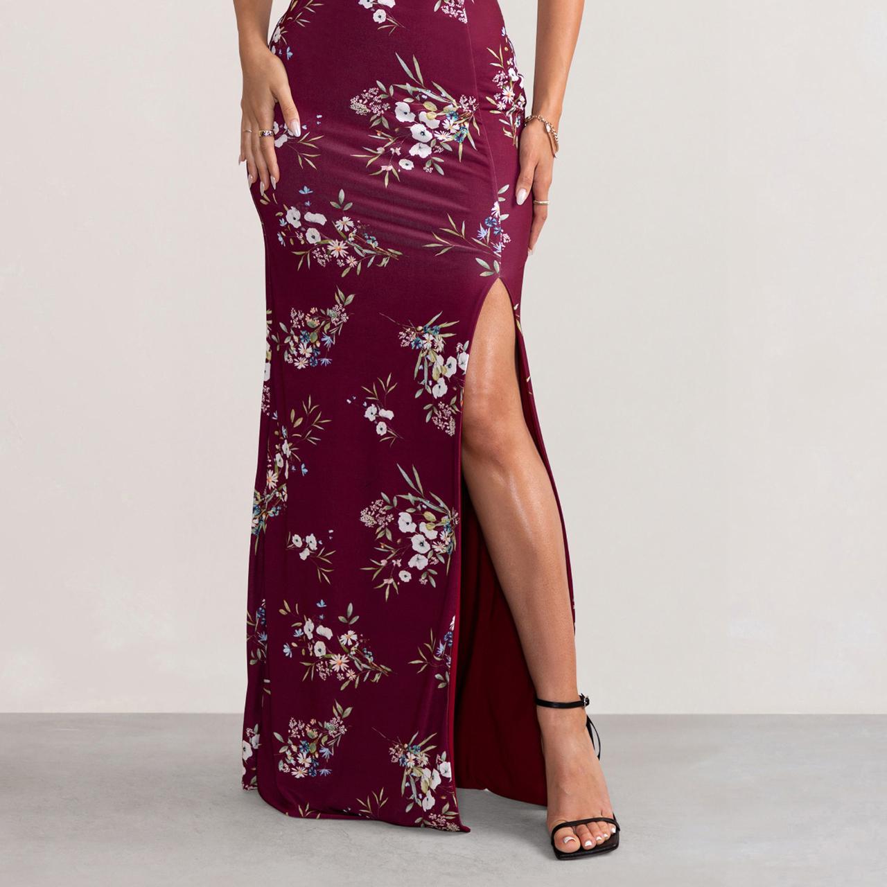 Camila Burgundy Floral Print Strapless Maxi Dress Depop 