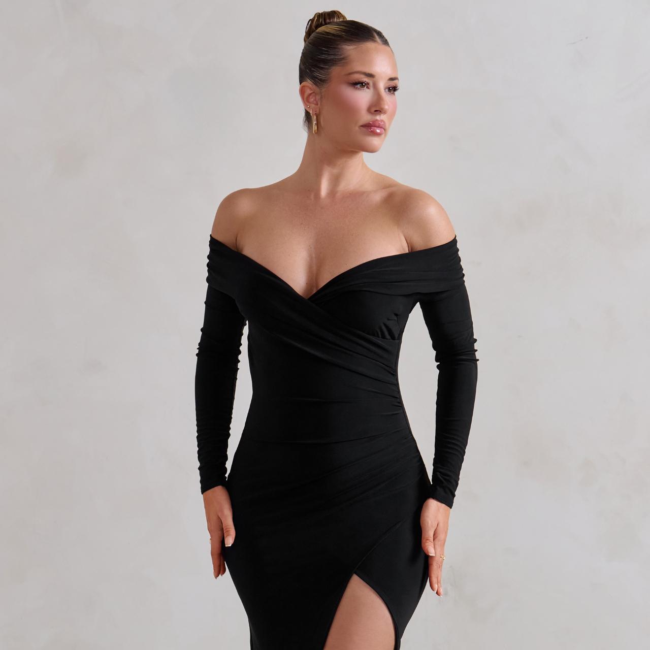 Black bardot wrap slit slinky maxi dress hotsell