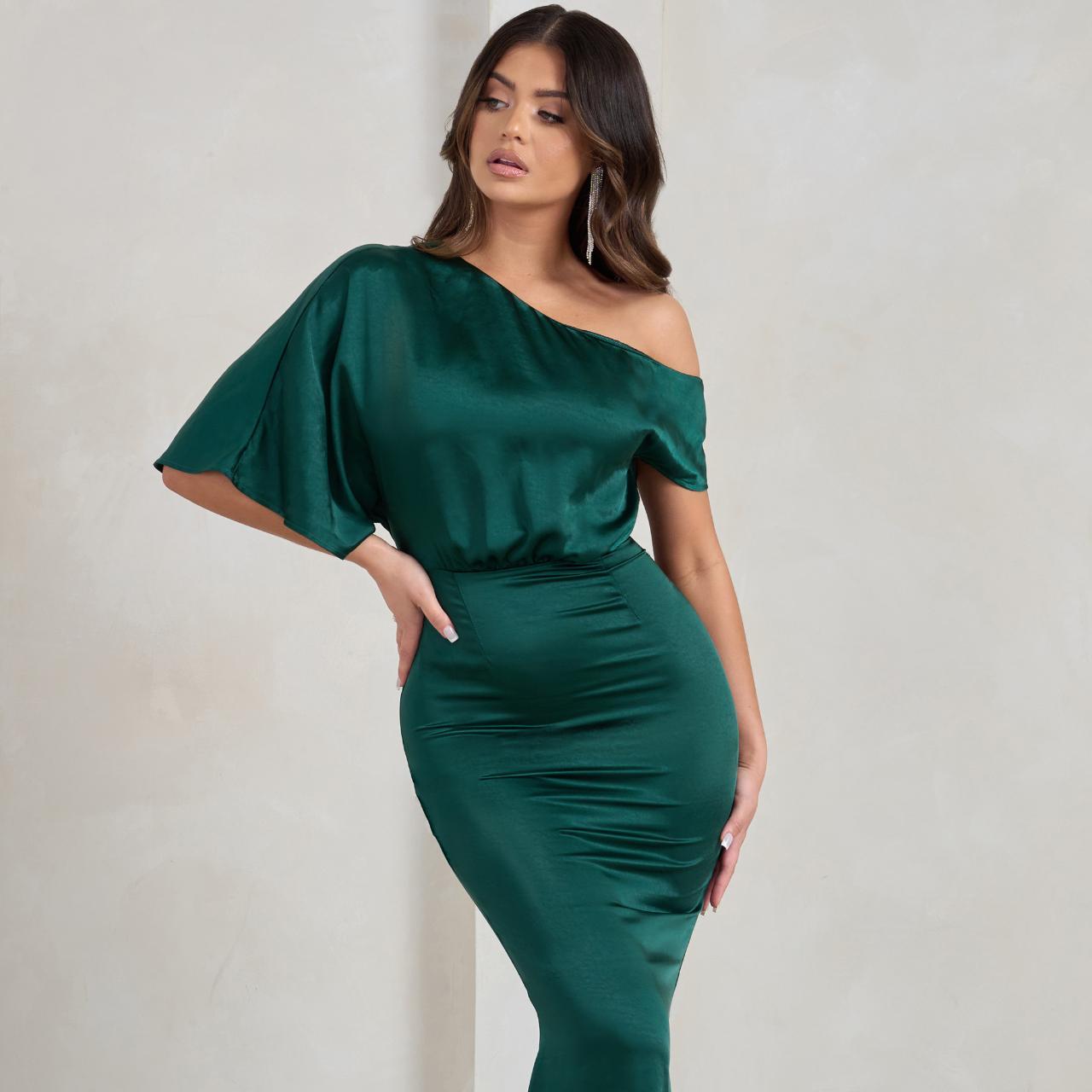Sabrina | Bottle Green Asymmetric Off The Shoulder | Depop