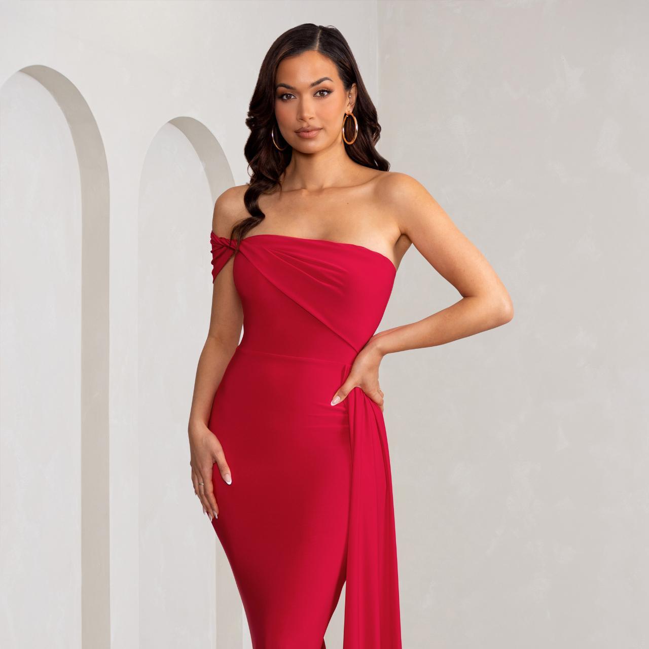 Aaliyah Red Asymmetric Bardot Maxi Dress
