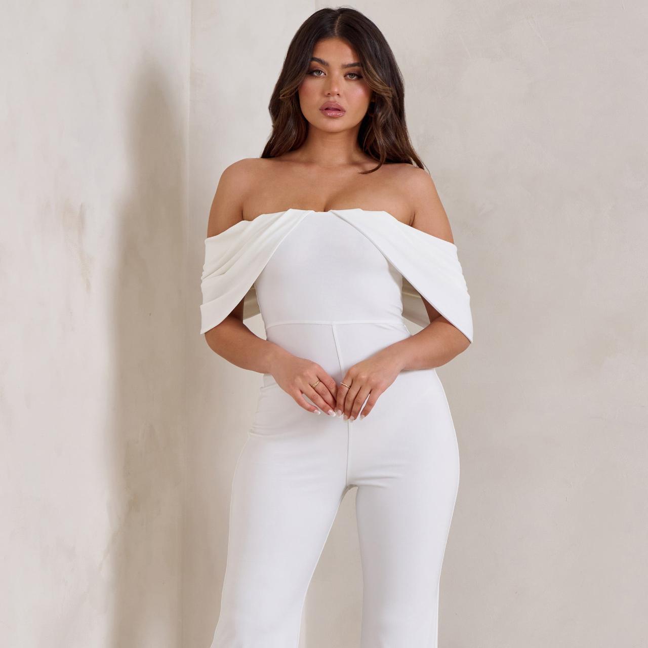 Bonnie White Bardot Drape Sleeve Jumpsuit,
