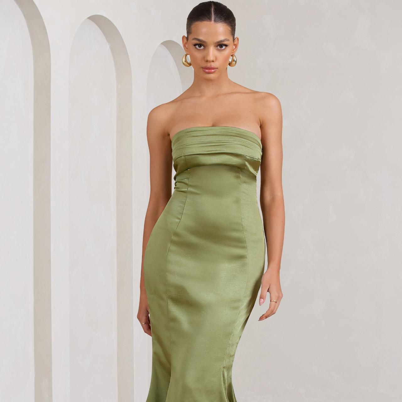 Sauvignon Olive Satin Bandeau Midi Dress With