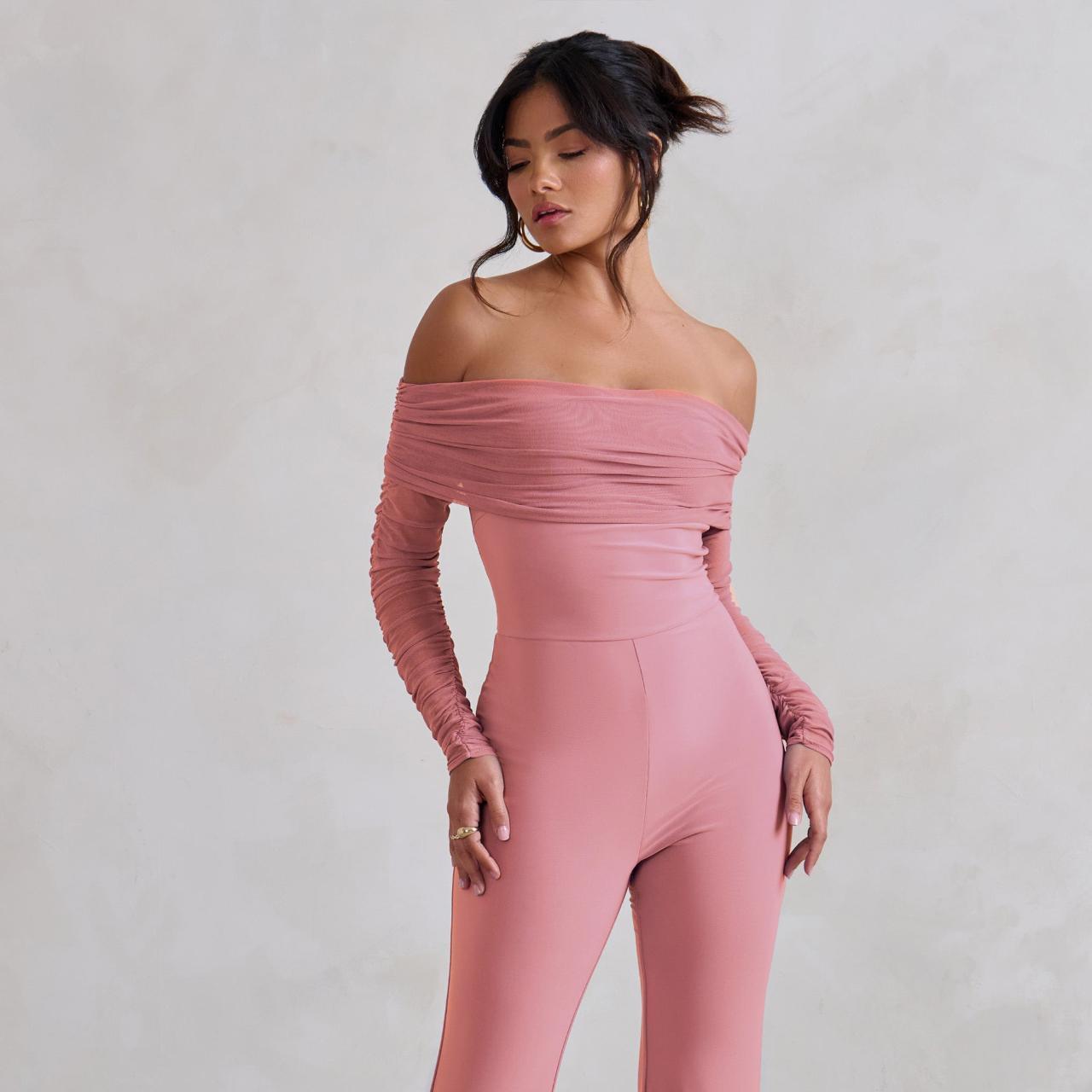 Womens Jumpsuit Ruched Mesh Bardot Jumpsuit Mesh Bardot Ruched