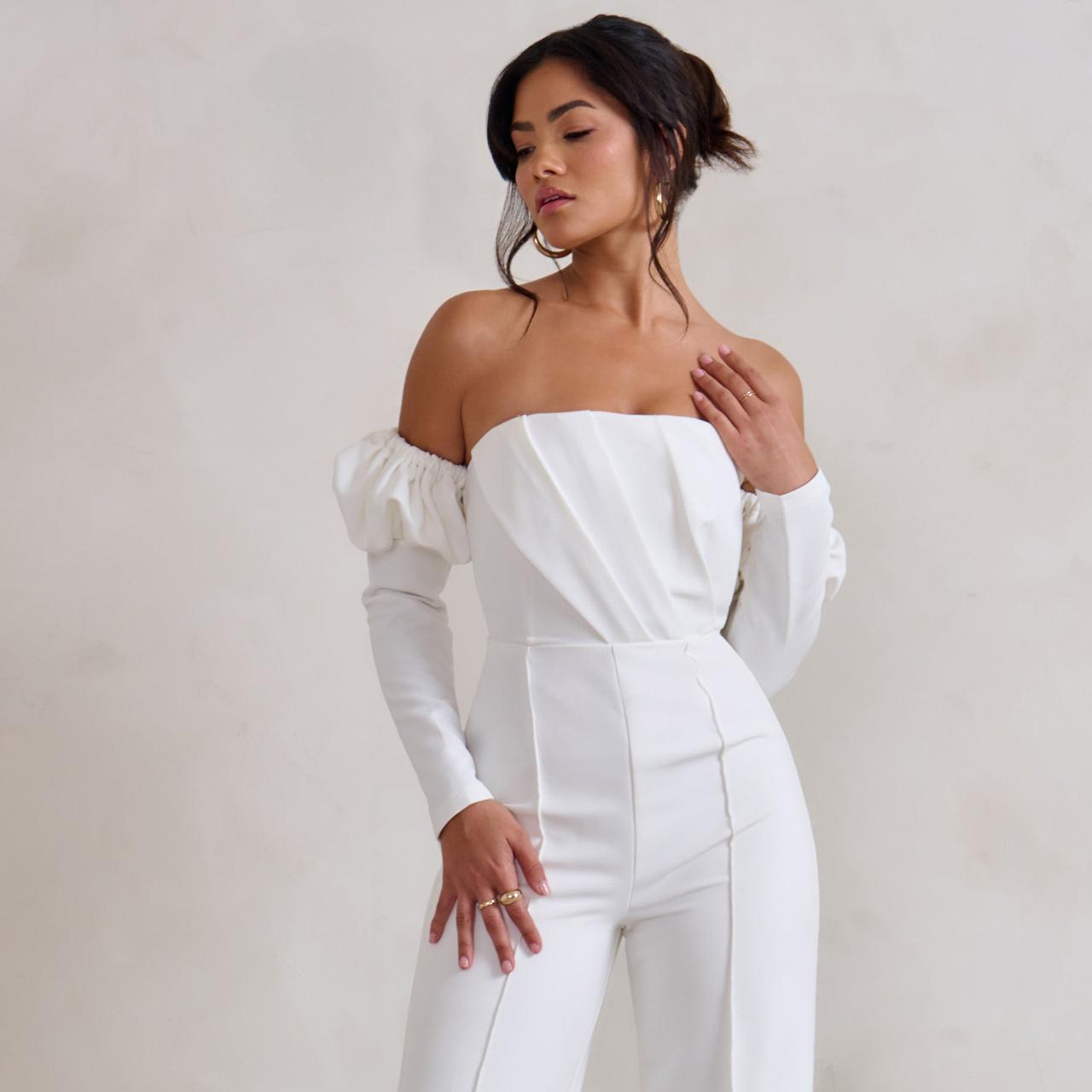 Reema White Bardot Puff Long Sleeve Jumpsuit,