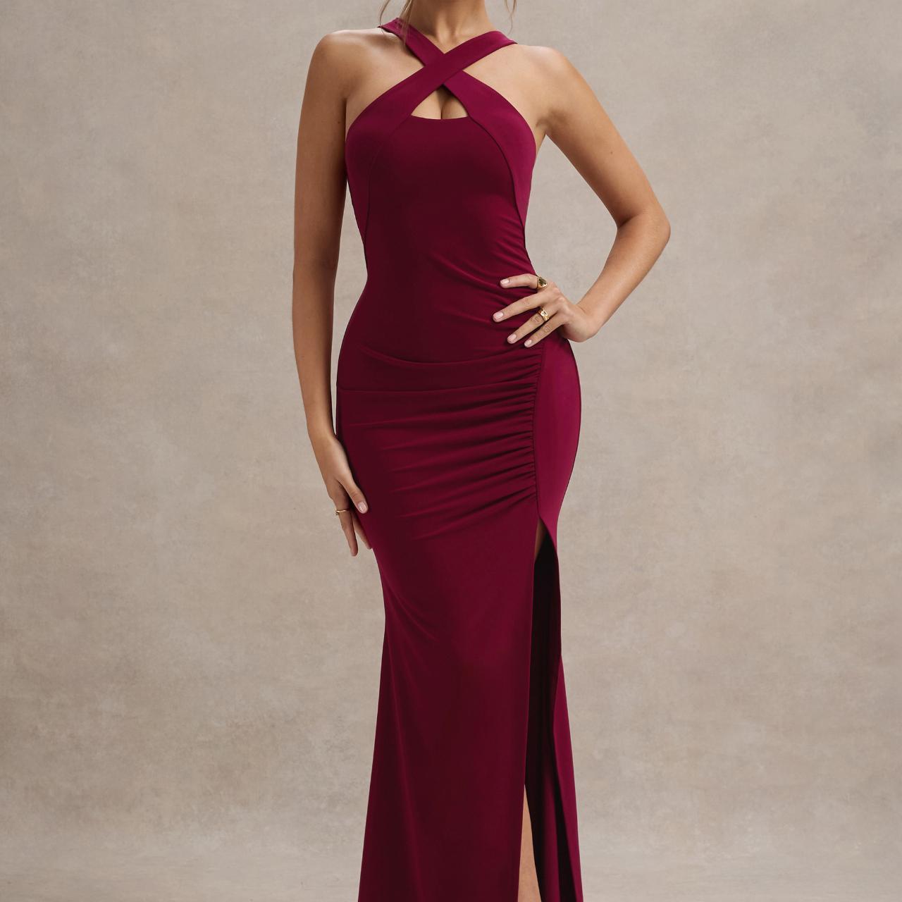 Jianna Wine Cross Over HalterNeck Split Maxi... Depop