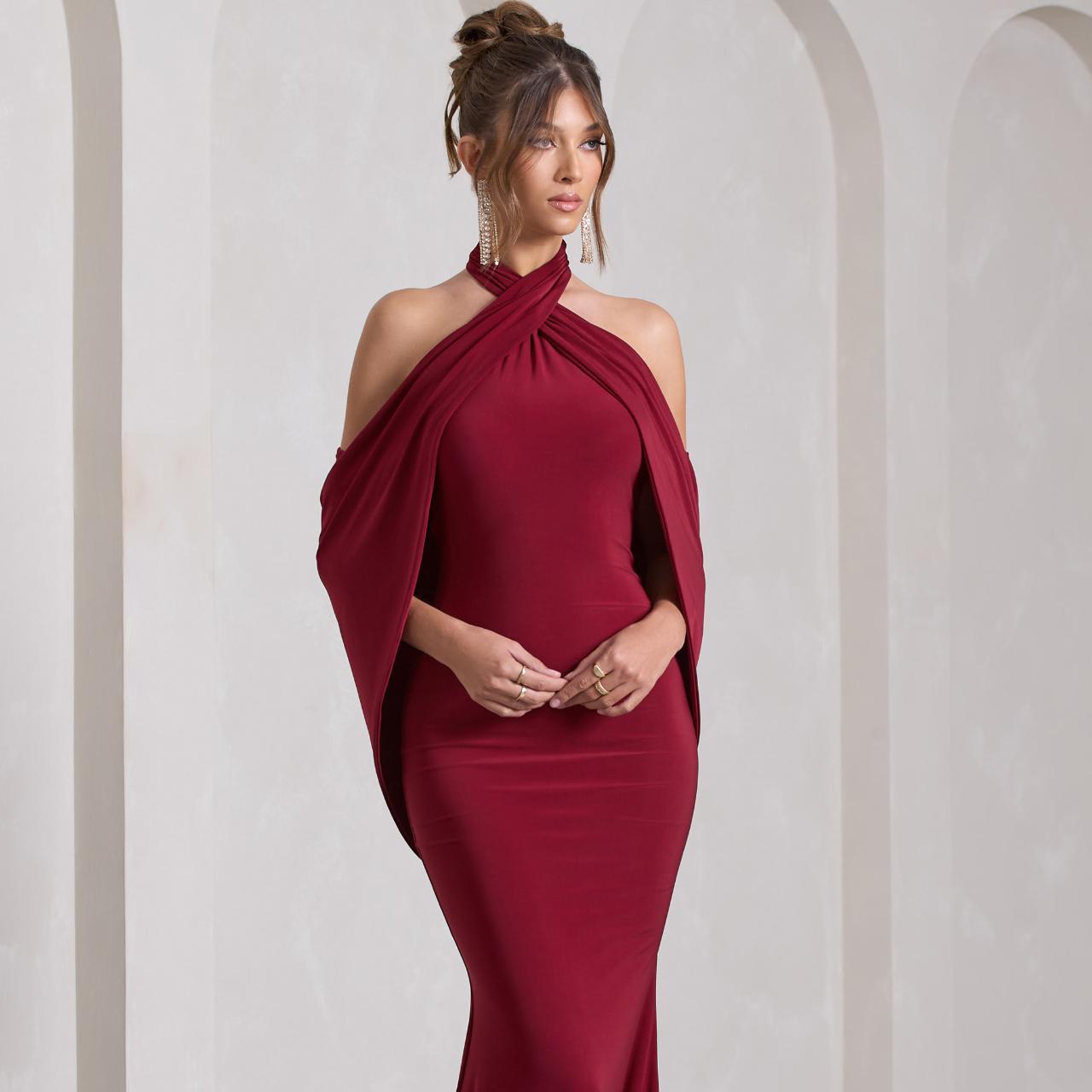 Club L London Berry Maxi Dress Club L One Moment Black Bardot Wrap