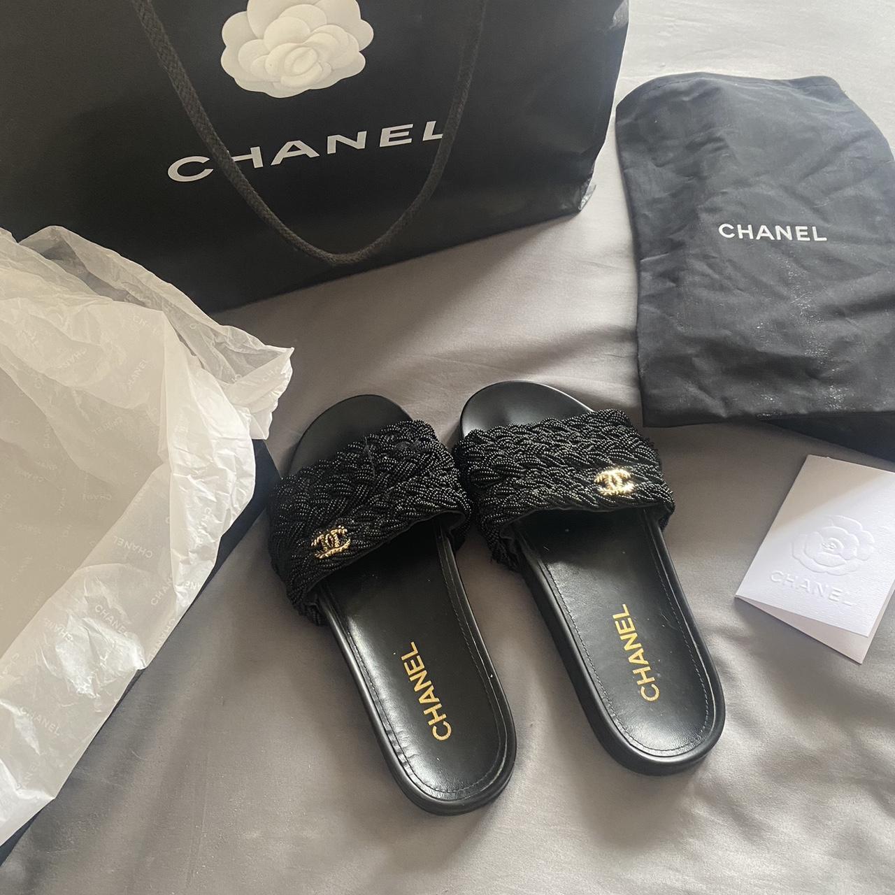 Chanel Women's Black and Gold Sandals | Depop