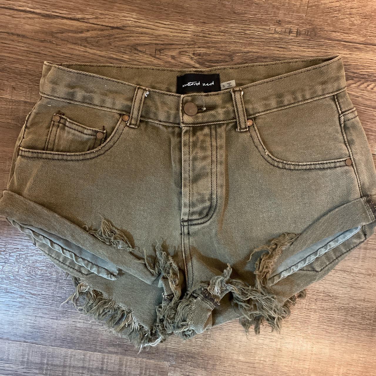 Army green cut off denim shorts Mustard seed brand.... Depop