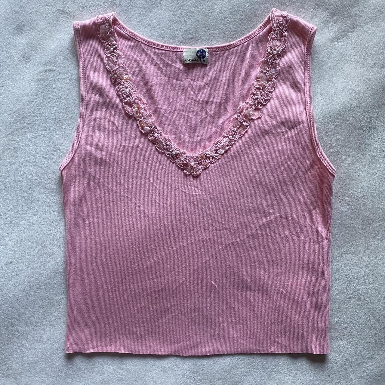 y2k vintage one world baby pink tank top with lace... - Depop