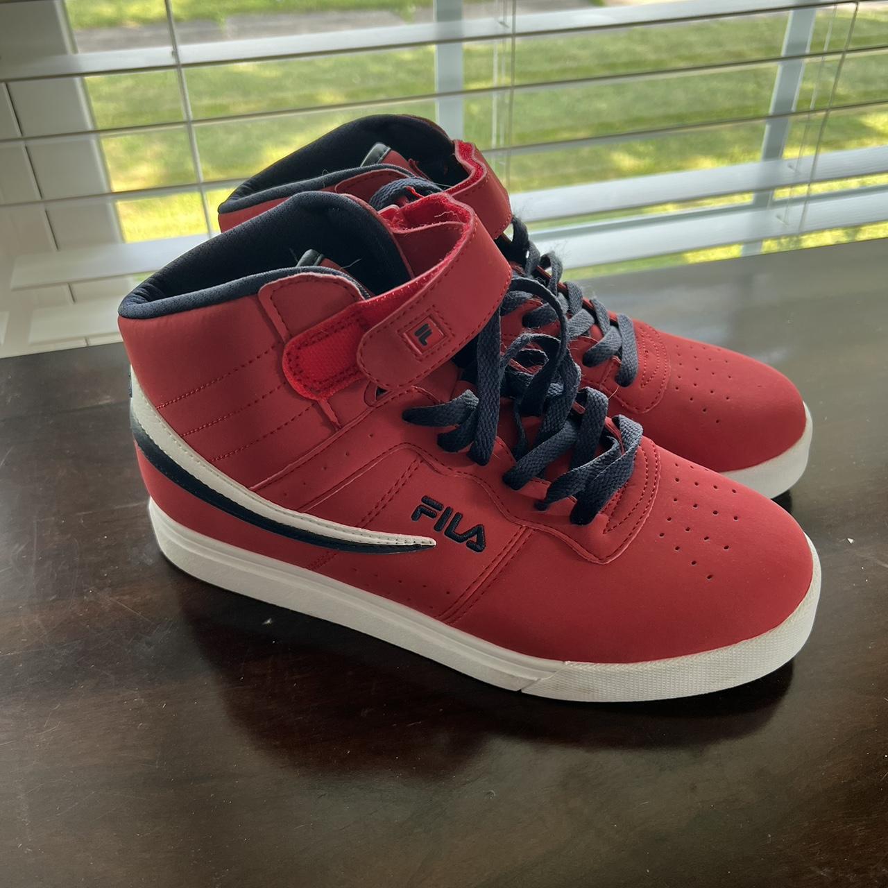 Fila red and navy high tops sneakers size 7 Depop