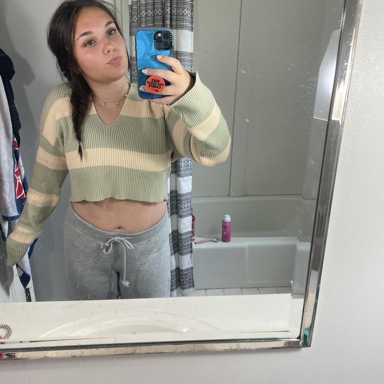 GREY BANDIT GREEN AND CREAM STRIPED SWEATER CROP... - Depop