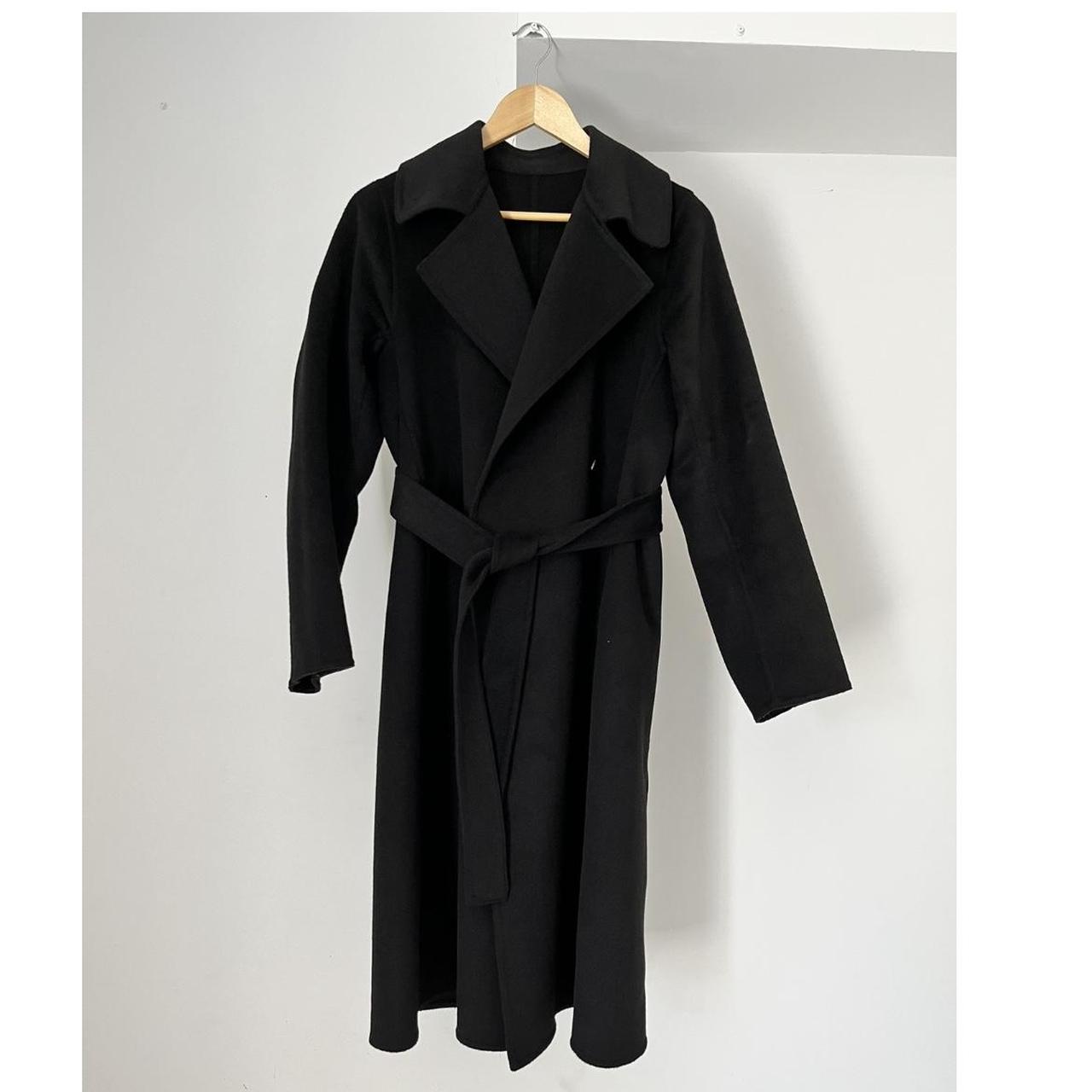 Uniqlo long coat (black) 37% wool Like new Size... - Depop