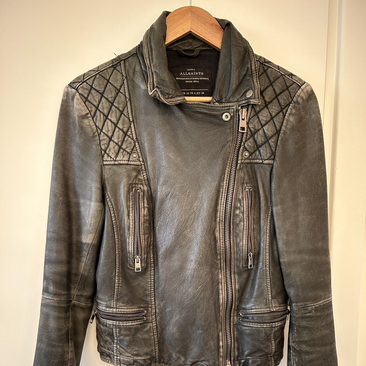 All Saints black faded leather cropped cargo biker... - Depop