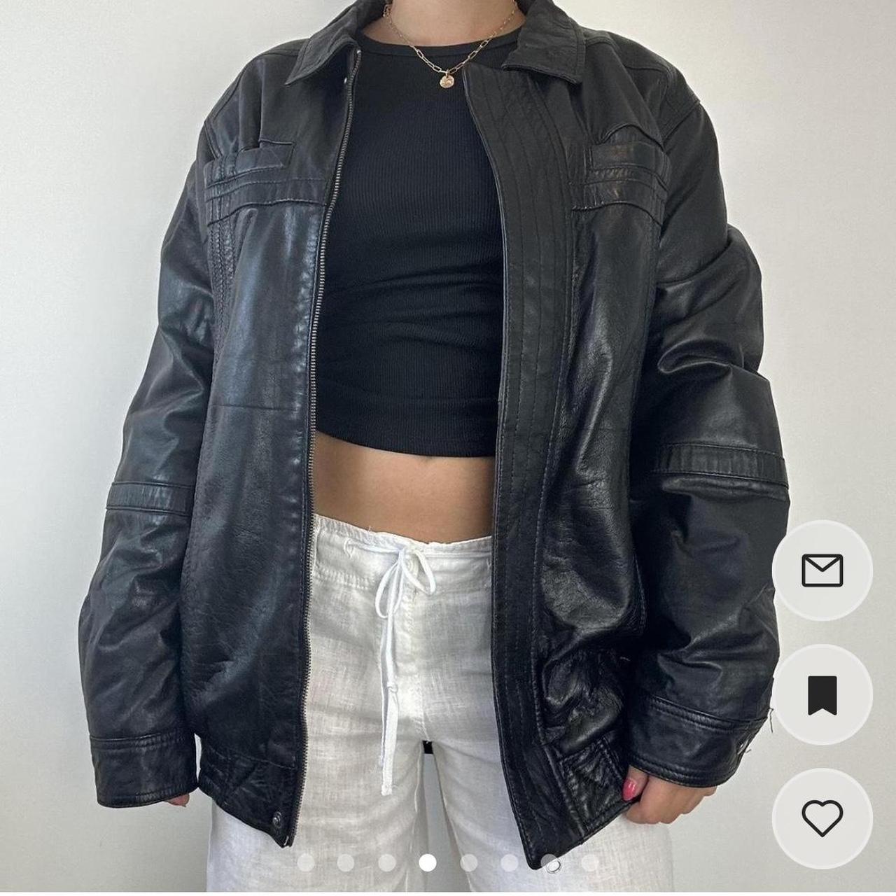 Vintage black leather oversized bomber biker... - Depop