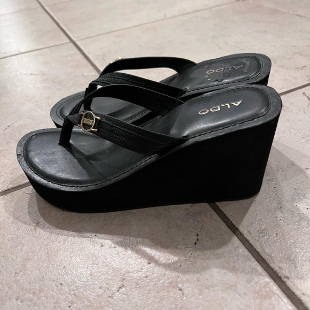 Like new aldo black wedge thong sandals size... - Depop