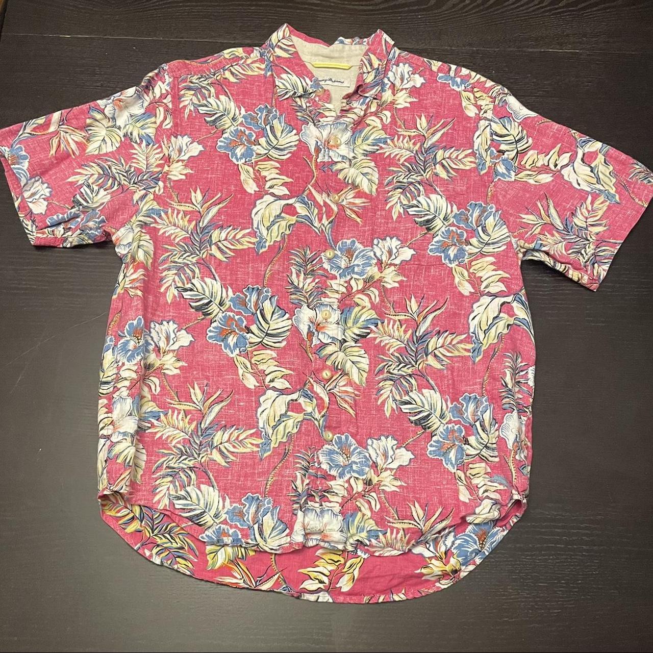 Tommy Bahama Pink Floral Print Linen Hawaiian Shirt... - Depop