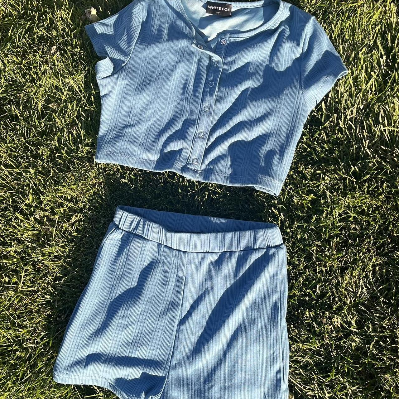 White fox blue lounge set with button snaps stretchy... - Depop