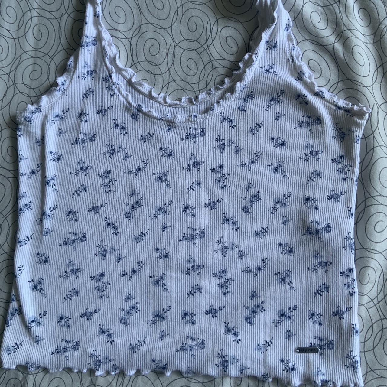 Hollister crop top white with blue flower... - Depop