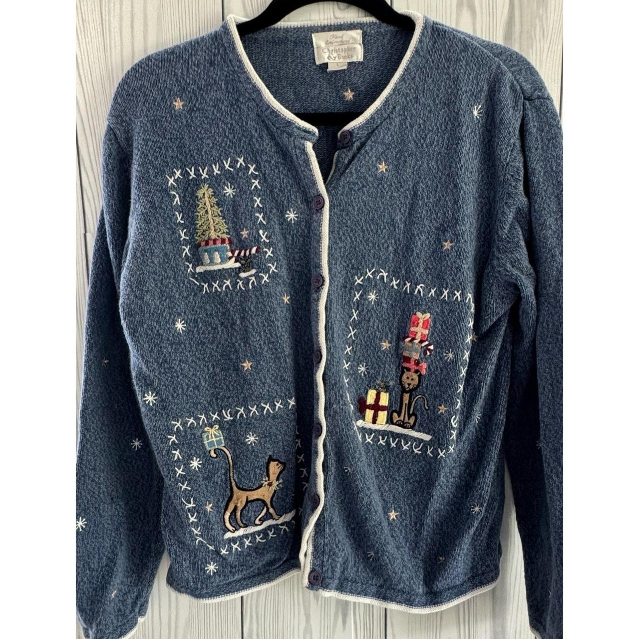 VTG C J Banks Sweater Blue Cardigan Holiday Cat Felt. Depop