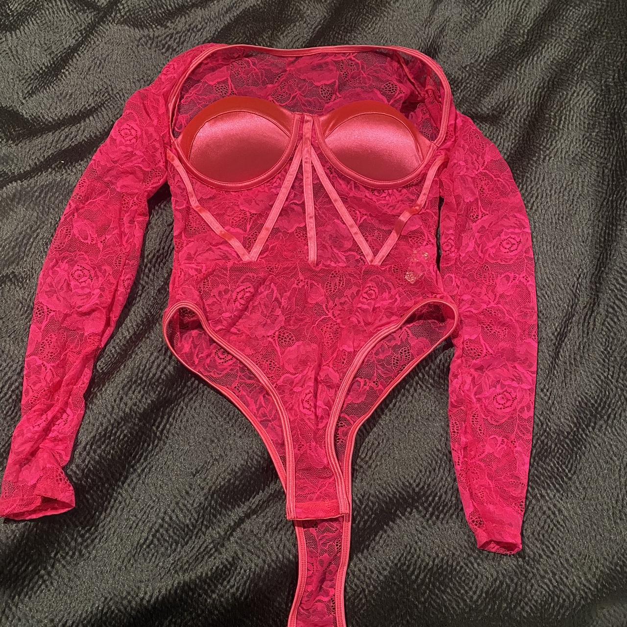Long sleeve hot pink lace bodysuit New without... - Depop
