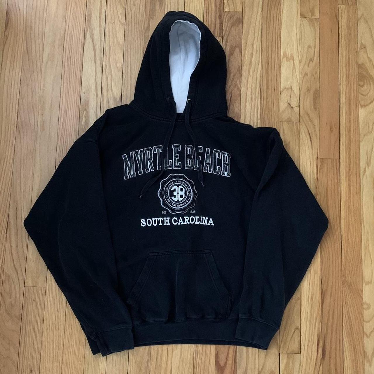 BLACK EMBROIDERED MYRTLE BEACH HOODIE ~ minimal... - Depop