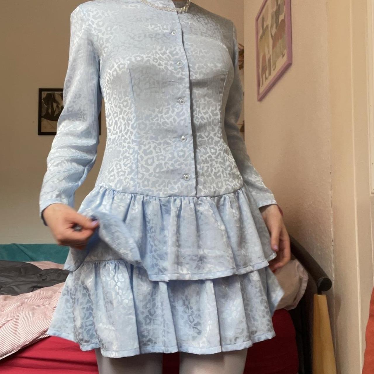 Vintage baby blue mini dress with subtle leopard... - Depop
