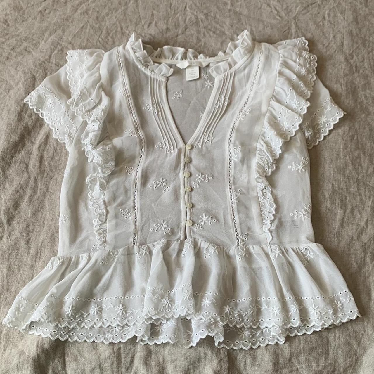 H&M White Ruffle Detail Button Blouse Size 4 - Depop