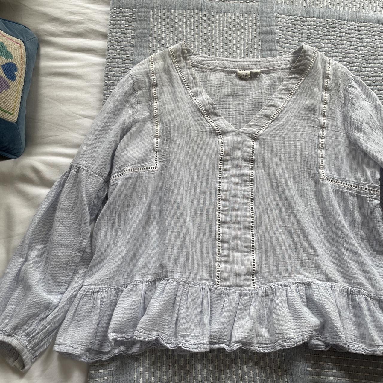 Gap Women's White and Blue Blouse Depop