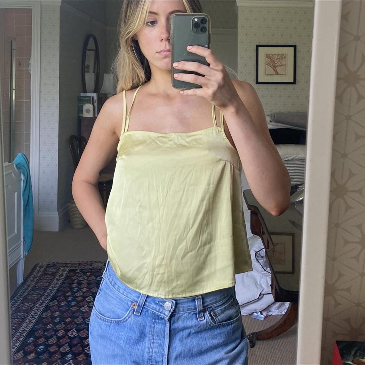 lovely h&m yellow satin strappy cami top with cross... Depop