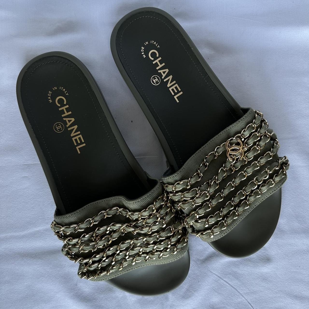 Chanel khaki leather sandals size 39 Never worn Dust... - Depop