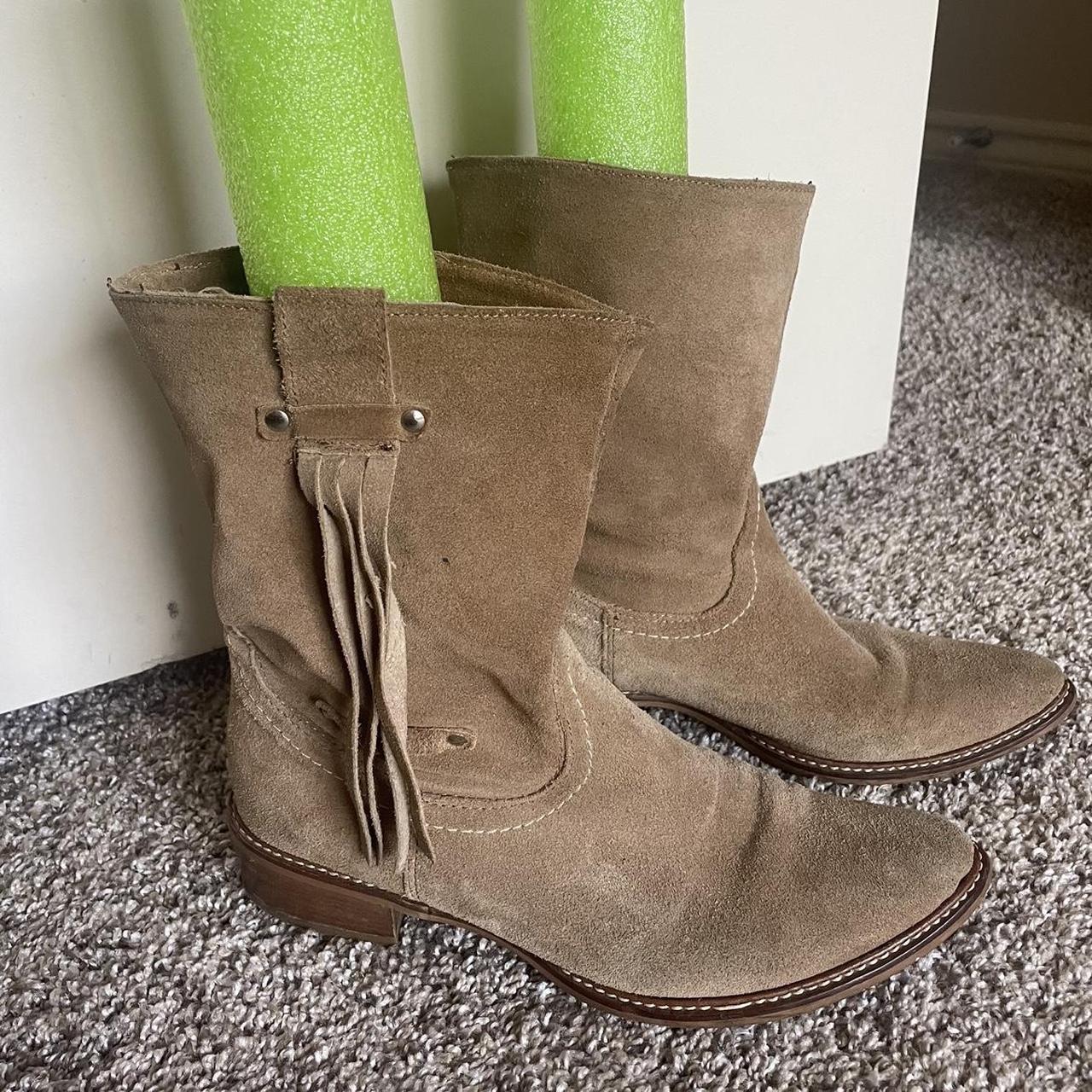 Brown suede cowboy boots. Has a small rip on inside... - Depop